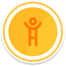 A circular yellow badge with a simple child symbol in the center.