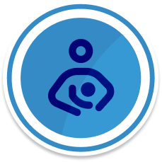 A circular blue badge with an outline of a person holding a baby in the center.