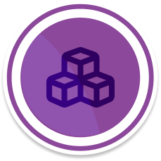 A circular purple badge with a simple building blocks symbol in the center.