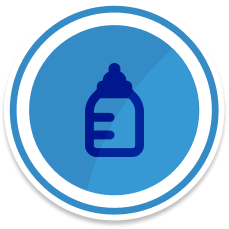 A circular blue badge with a simple baby bottle symbol in the center.