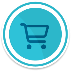 A circular teal badge with a simple shopping cart symbol in the center.