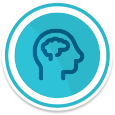 A circular teal badge with a simple outline of a person's head with an outline of a brain in the center.