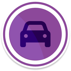 A circular purple badge with a simple car symbol in the center.