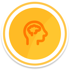 Yellow badge with Childs head outlined with brain outline in middle