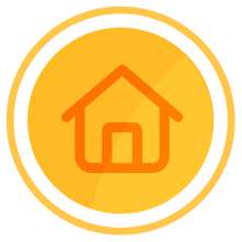 A circular yellow badge with a simple house symbol in the center.